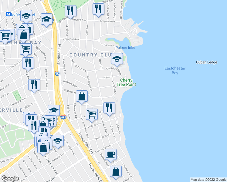 map of restaurants, bars, coffee shops, grocery stores, and more near 3300 Agar Place in Bronx