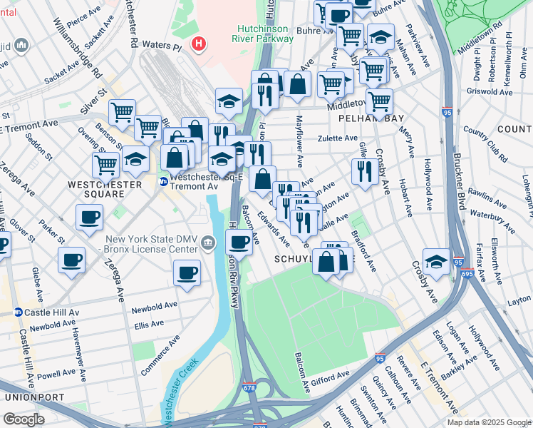 map of restaurants, bars, coffee shops, grocery stores, and more near 3110 East Tremont Avenue in The Bronx