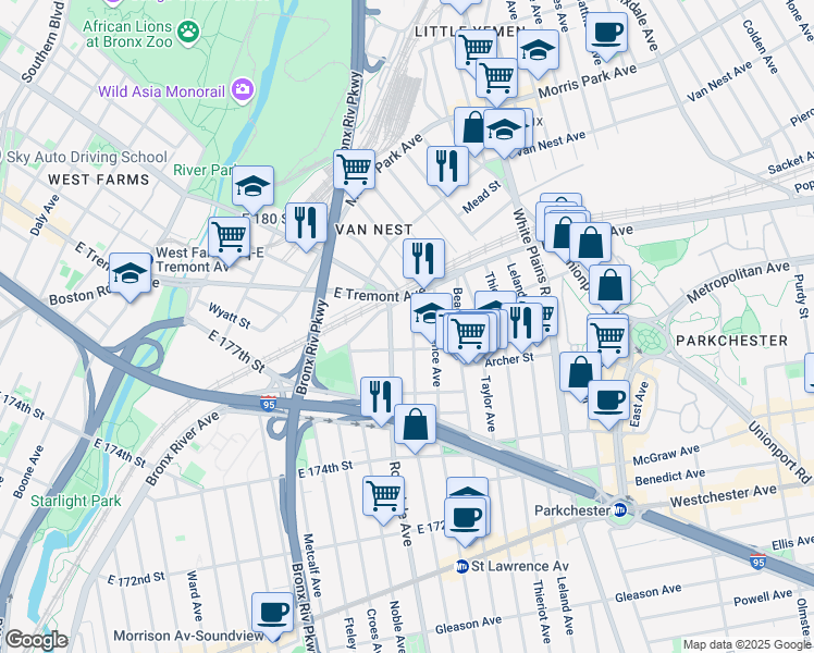 map of restaurants, bars, coffee shops, grocery stores, and more near 1532 Commonwealth Avenue in Bronx