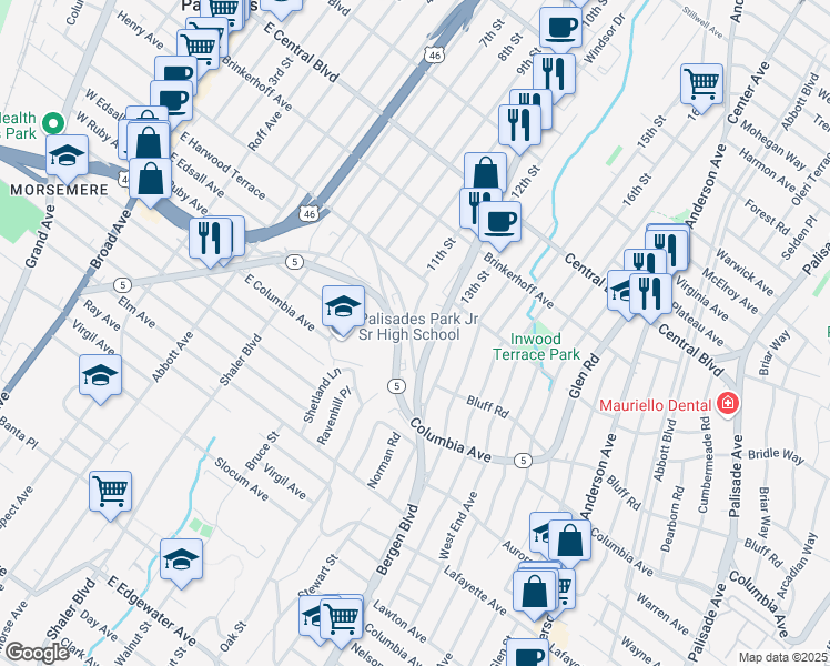 map of restaurants, bars, coffee shops, grocery stores, and more near 104 Princeton Lane in Palisades Park
