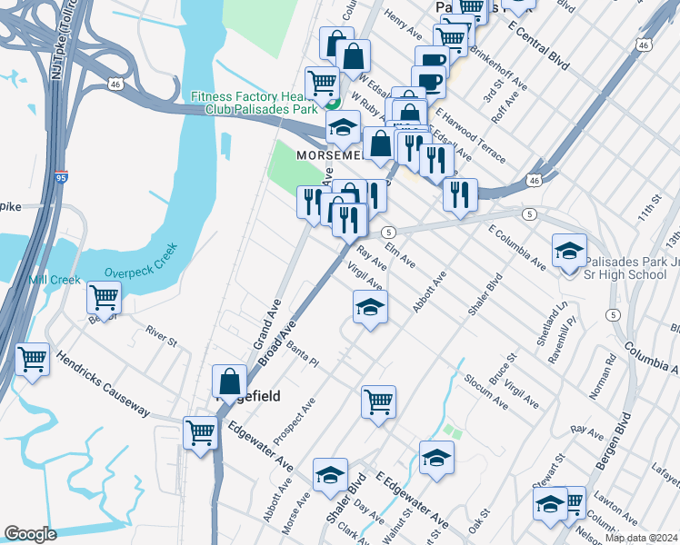 map of restaurants, bars, coffee shops, grocery stores, and more near 975 Virgil Avenue in Ridgefield