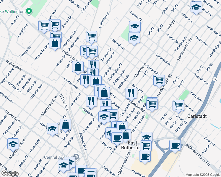 map of restaurants, bars, coffee shops, grocery stores, and more near 302 Hoboken Road in East Rutherford