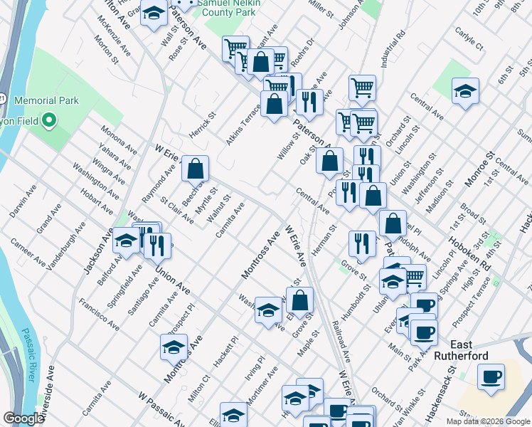 map of restaurants, bars, coffee shops, grocery stores, and more near 4 Courier Place in Rutherford