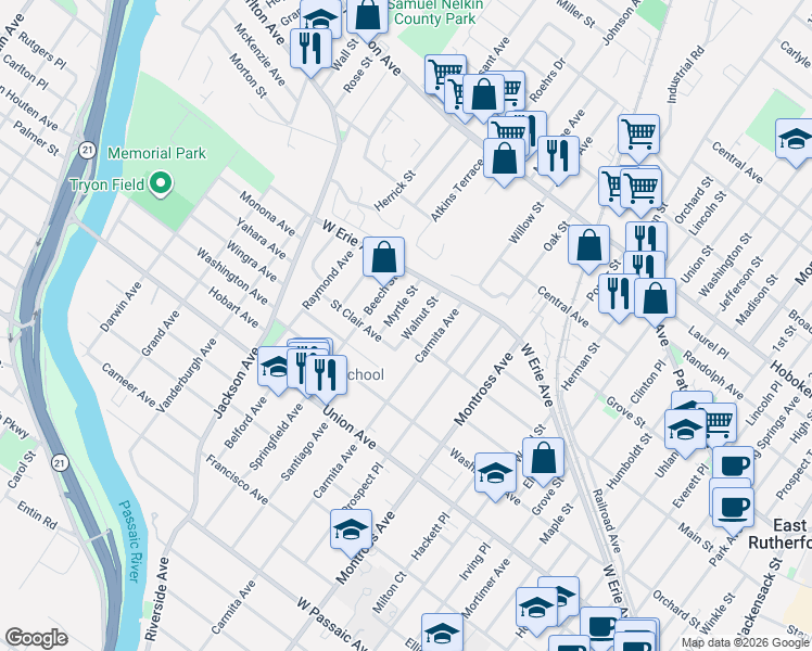 map of restaurants, bars, coffee shops, grocery stores, and more near 35 Myrtle Street in Rutherford