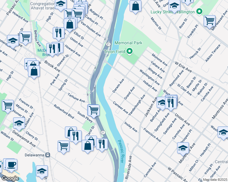 map of restaurants, bars, coffee shops, grocery stores, and more near 116 Hastings Avenue in Rutherford