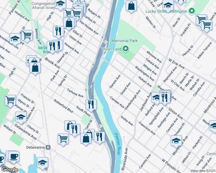 map of restaurants, bars, coffee shops, grocery stores, and more near 116 Hastings Avenue in Rutherford