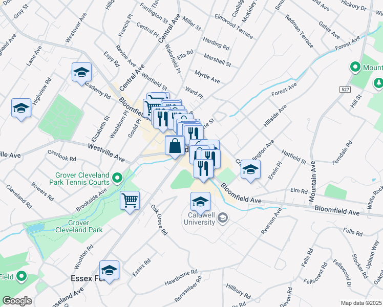 map of restaurants, bars, coffee shops, grocery stores, and more near 9 Forest Avenue in Caldwell