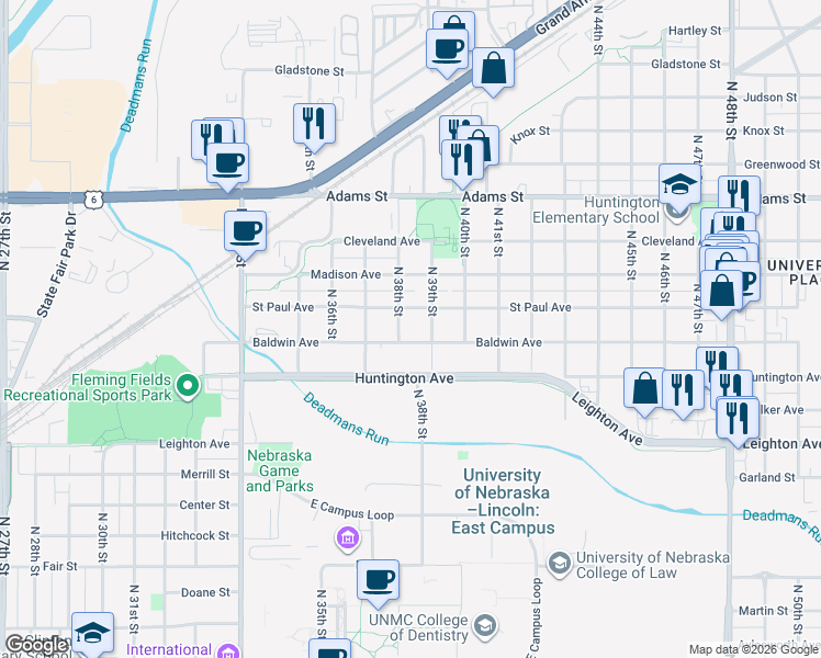 map of restaurants, bars, coffee shops, grocery stores, and more near 3831 Saint Paul Avenue in Lincoln