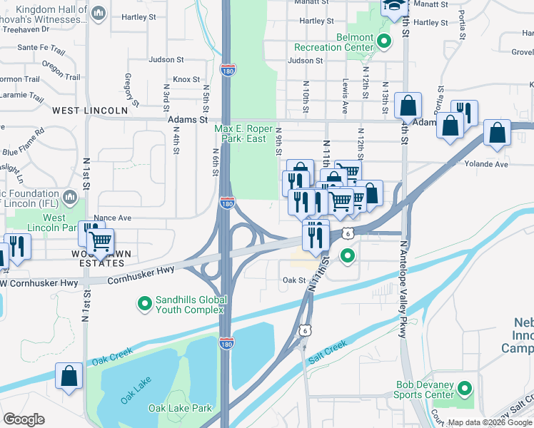 map of restaurants, bars, coffee shops, grocery stores, and more near 2521 North 9th Street in Lincoln