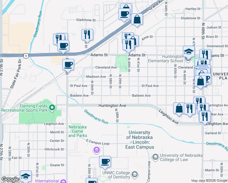 map of restaurants, bars, coffee shops, grocery stores, and more near 3831 Saint Paul Avenue in Lincoln