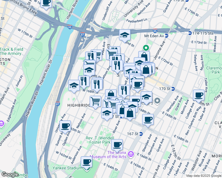 map of restaurants, bars, coffee shops, grocery stores, and more near 1277 Shakespeare Avenue in Bronx