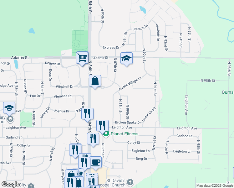 map of restaurants, bars, coffee shops, grocery stores, and more near 8811 Prairie Village Circle in Lincoln