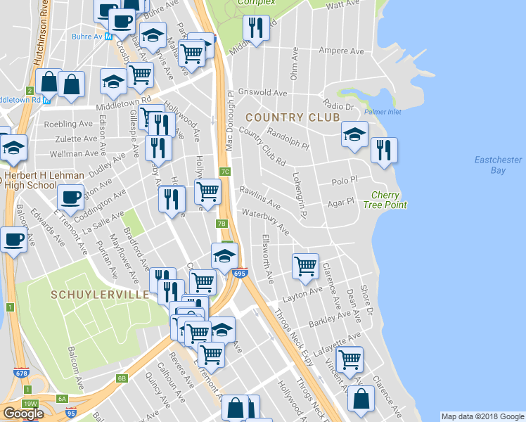 map of restaurants, bars, coffee shops, grocery stores, and more near 3147 Waterbury Avenue in Bronx