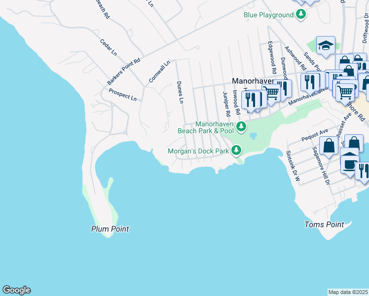 map of restaurants, bars, coffee shops, grocery stores, and more near 23 Oldwood Road South in Port Washington