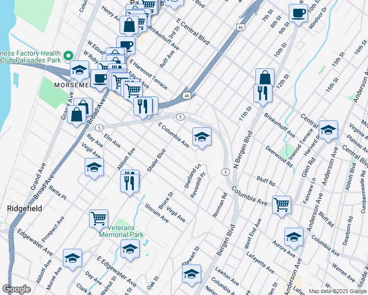 map of restaurants, bars, coffee shops, grocery stores, and more near 324B East Columbia Avenue in Palisades Park