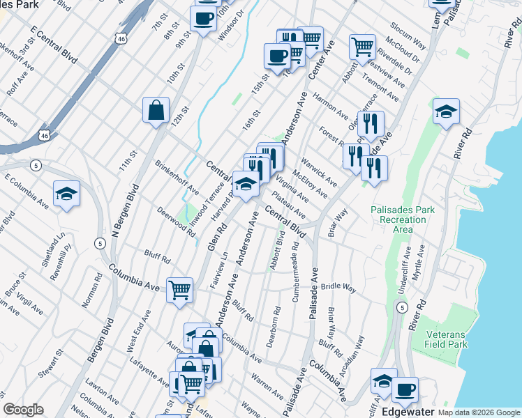 map of restaurants, bars, coffee shops, grocery stores, and more near 1196 Anderson Avenue in Fort Lee