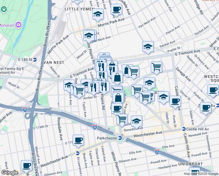 map of restaurants, bars, coffee shops, grocery stores, and more near 1536 White Plains Road in Bronx
