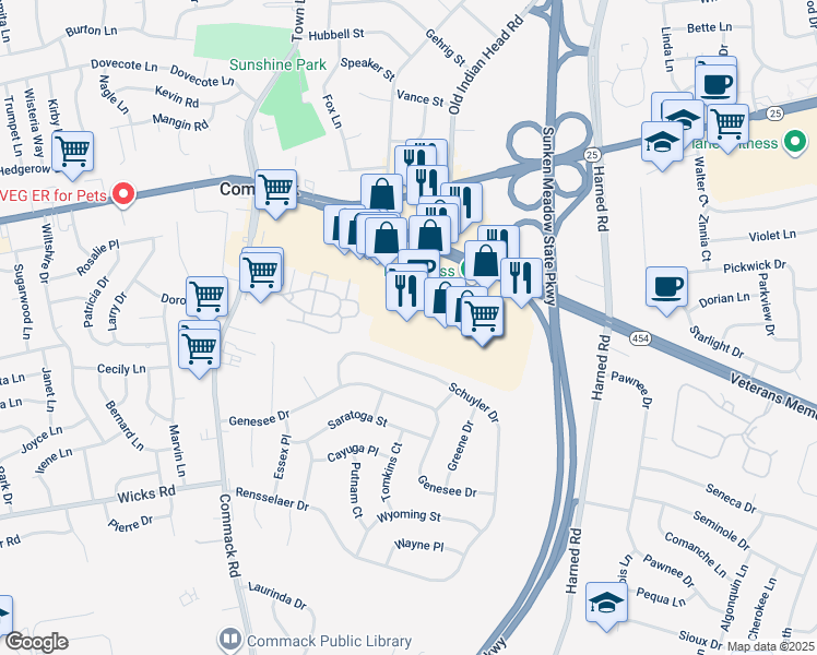 map of restaurants, bars, coffee shops, grocery stores, and more near 98 Veterans Memorial Highway in Commack