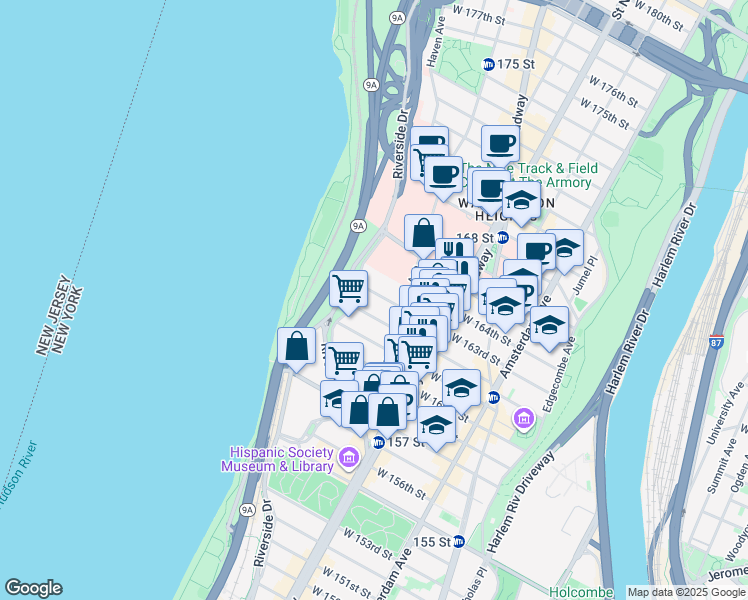 map of restaurants, bars, coffee shops, grocery stores, and more near 920 Riverside Drive in New York