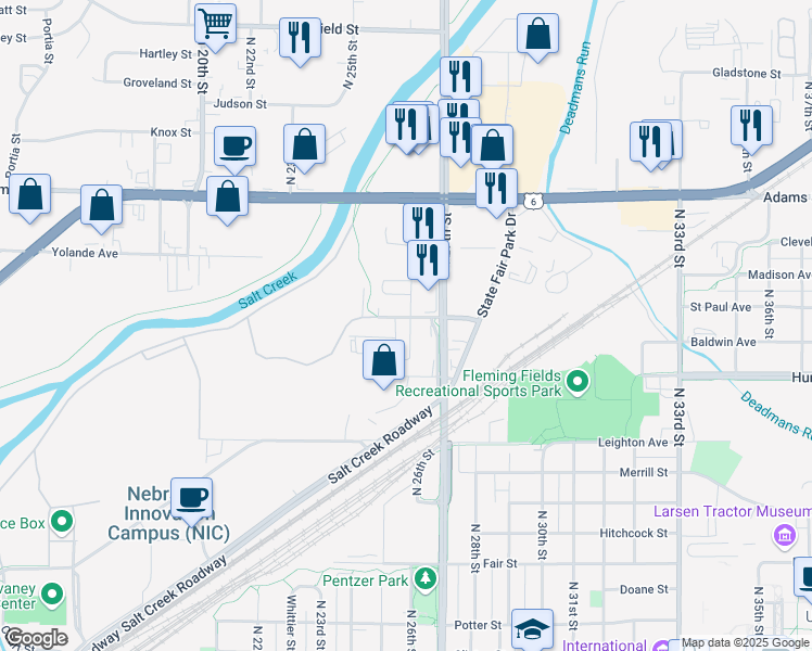 map of restaurants, bars, coffee shops, grocery stores, and more near 2545 Theresa Street in Lincoln