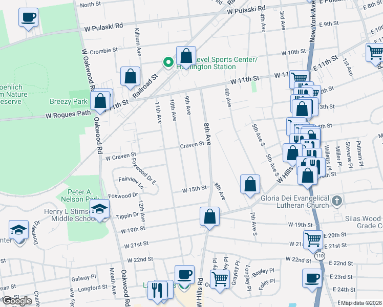 map of restaurants, bars, coffee shops, grocery stores, and more near 53 9th Avenue in Huntington Station