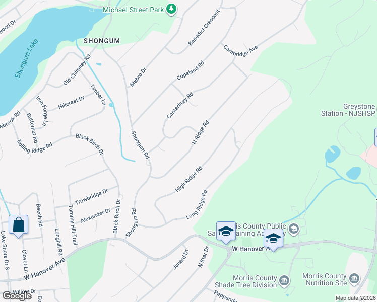 map of restaurants, bars, coffee shops, grocery stores, and more near 11 North Ridge Road in Denville
