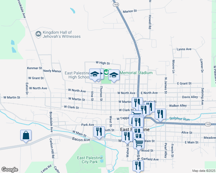 map of restaurants, bars, coffee shops, grocery stores, and more near 195 West Grant Street in East Palestine