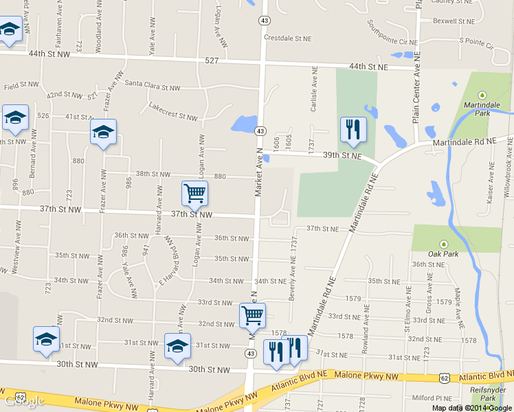 map of restaurants, bars, coffee shops, grocery stores, and more near 3730 Market Ave N in Canton
