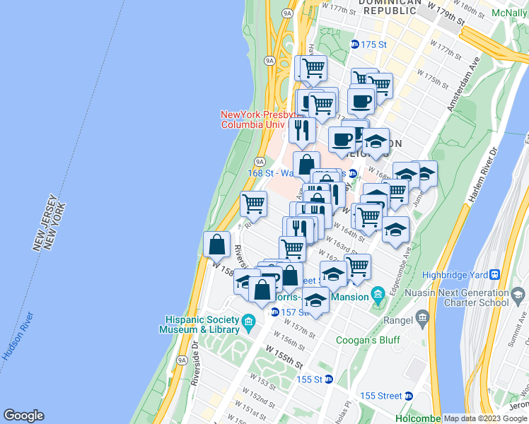 map of restaurants, bars, coffee shops, grocery stores, and more near 920 Riverside Drive in New York