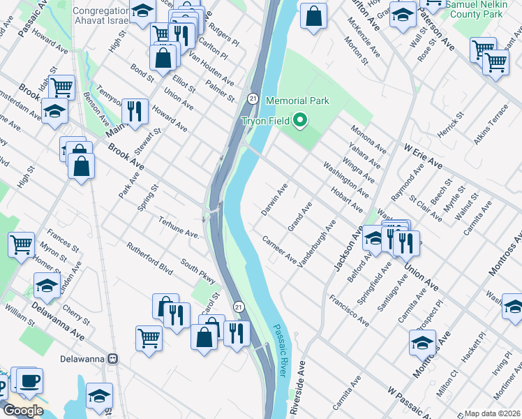 map of restaurants, bars, coffee shops, grocery stores, and more near 116 Hastings Avenue in Rutherford