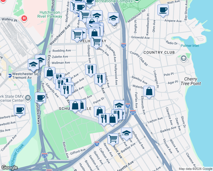 map of restaurants, bars, coffee shops, grocery stores, and more near 1311 Hobart Avenue in The Bronx