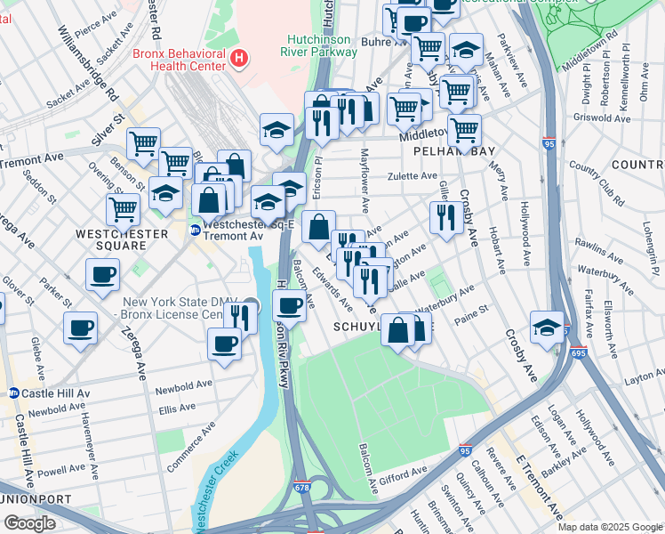 map of restaurants, bars, coffee shops, grocery stores, and more near 3110 East Tremont Avenue in The Bronx
