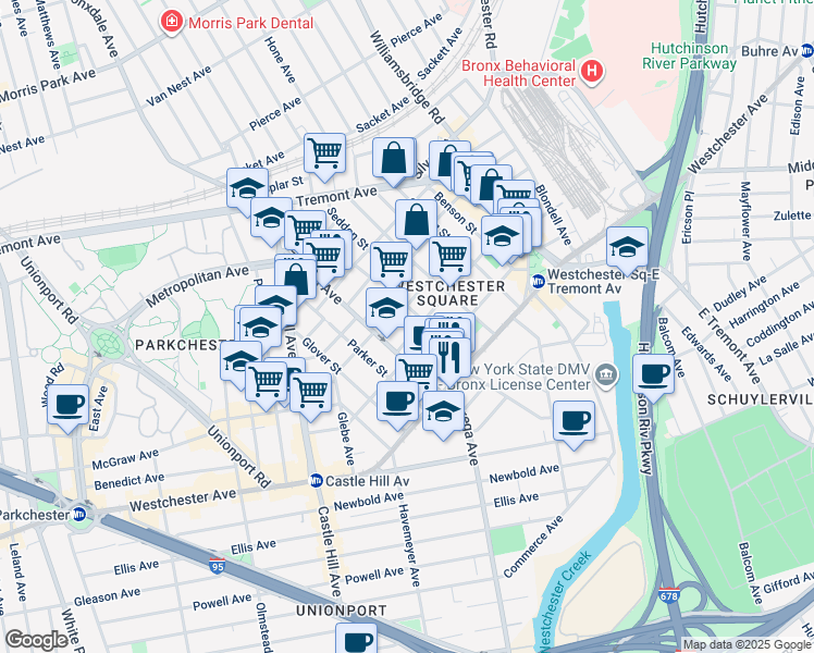 map of restaurants, bars, coffee shops, grocery stores, and more near 1509 Rowland Street in Bronx