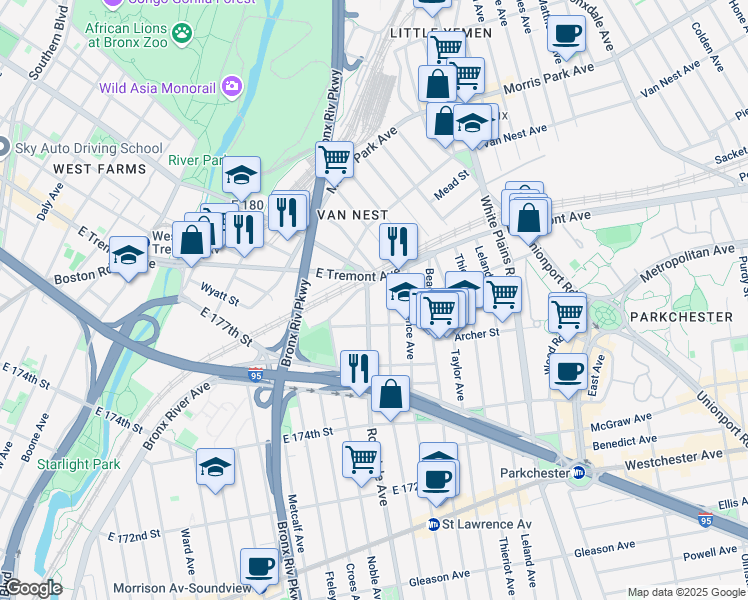 map of restaurants, bars, coffee shops, grocery stores, and more near 1539 Rosedale Avenue in The Bronx