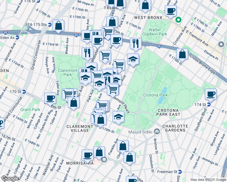 map of restaurants, bars, coffee shops, grocery stores, and more near in The Bronx