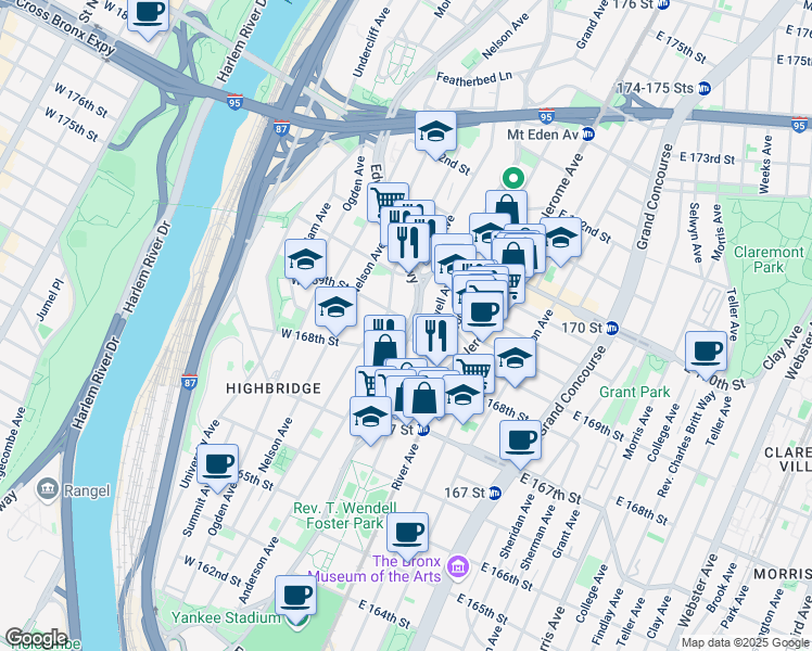 map of restaurants, bars, coffee shops, grocery stores, and more near 1307 Edward L Grant Highway in Bronx