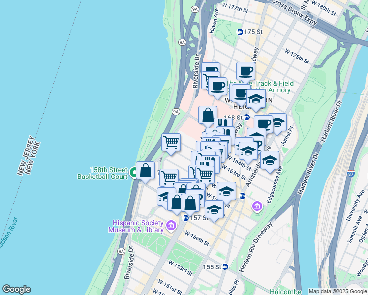 map of restaurants, bars, coffee shops, grocery stores, and more near 920 Riverside Drive in New York