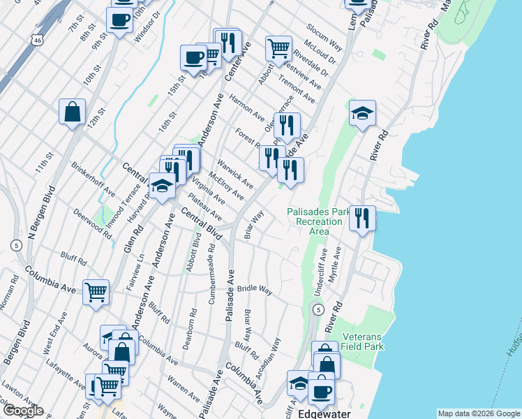 map of restaurants, bars, coffee shops, grocery stores, and more near 1248 Palisade Avenue in Fort Lee