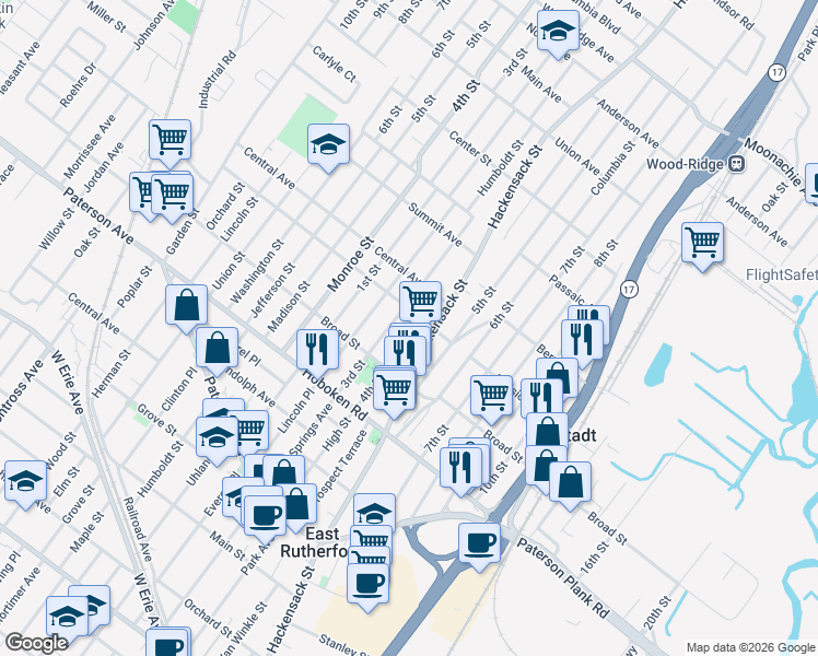 map of restaurants, bars, coffee shops, grocery stores, and more near 446 Hackensack Street in Carlstadt