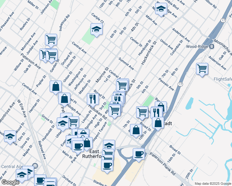 map of restaurants, bars, coffee shops, grocery stores, and more near 430 3rd Street in Carlstadt