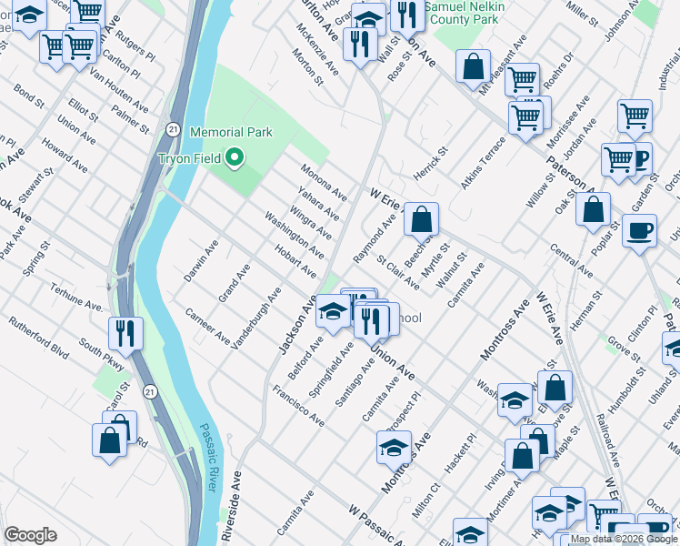 map of restaurants, bars, coffee shops, grocery stores, and more near 80 Raymond Avenue in Rutherford