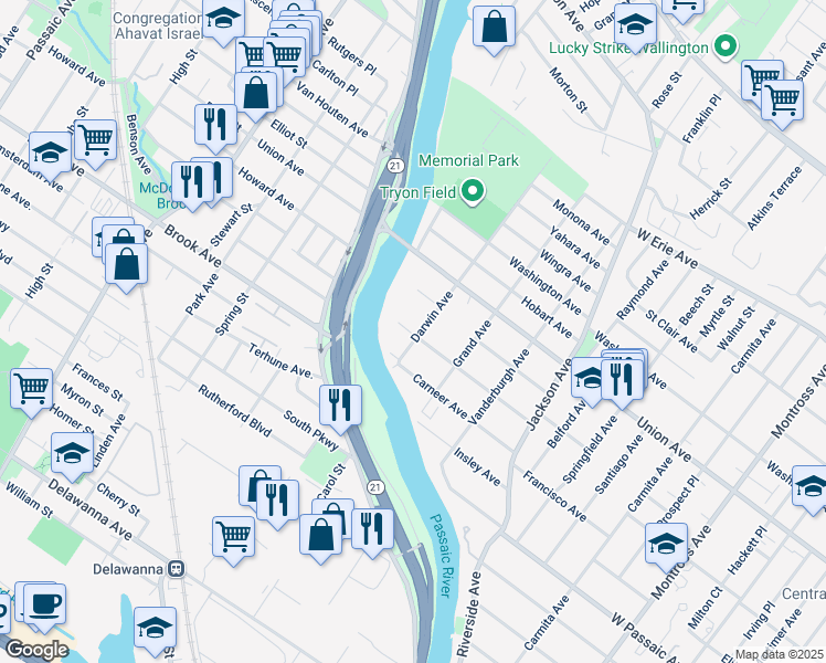 map of restaurants, bars, coffee shops, grocery stores, and more near 116 Hastings Avenue in Rutherford