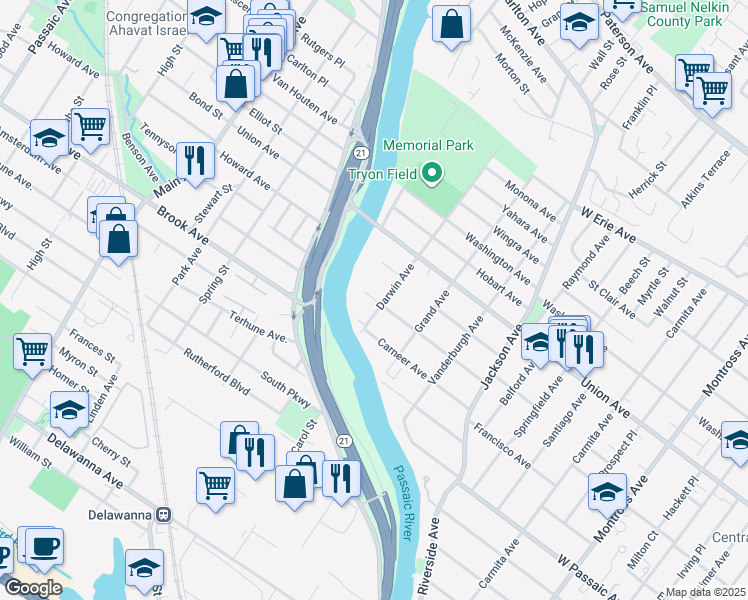 map of restaurants, bars, coffee shops, grocery stores, and more near 116 Hastings Avenue in Rutherford