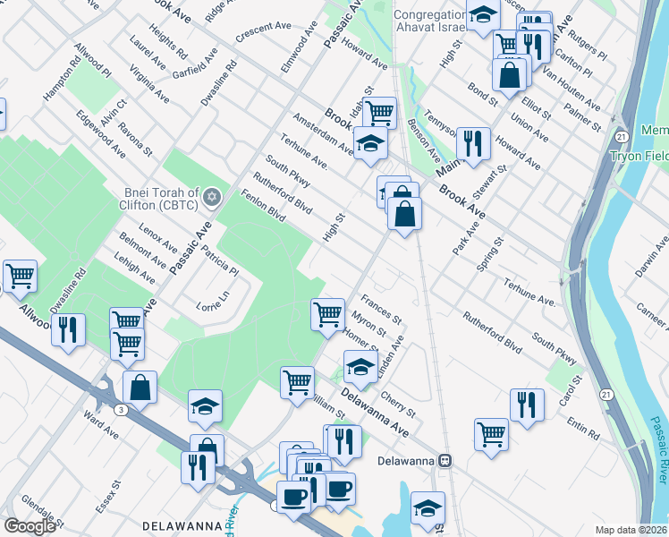 map of restaurants, bars, coffee shops, grocery stores, and more near 73 High Street in Clifton