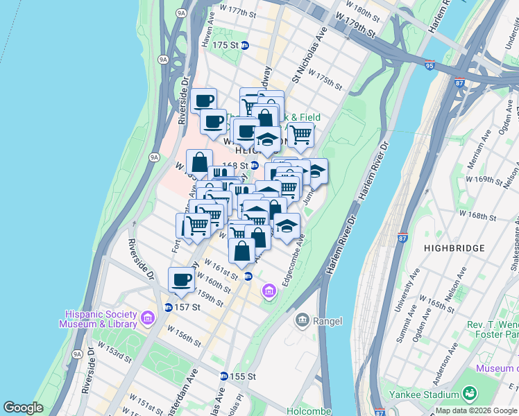 map of restaurants, bars, coffee shops, grocery stores, and more near 21 Audubon Avenue in New York