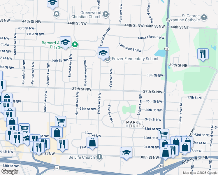 map of restaurants, bars, coffee shops, grocery stores, and more near 503 37th Street Northwest in Canton