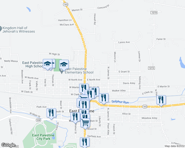 map of restaurants, bars, coffee shops, grocery stores, and more near 452 N Sumner St in East Palestine