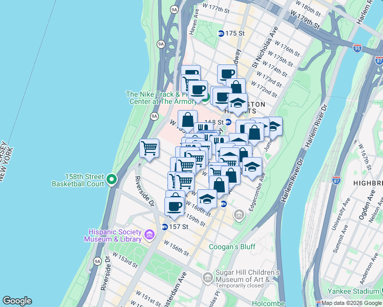 map of restaurants, bars, coffee shops, grocery stores, and more near 612 West 164th Street in New York