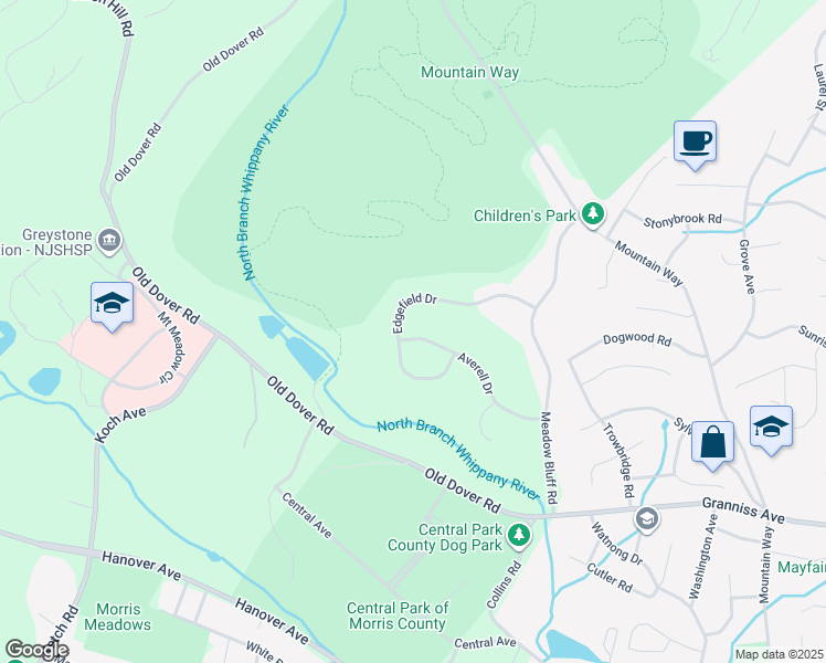 map of restaurants, bars, coffee shops, grocery stores, and more near 74 Averell Drive in Morris Plains