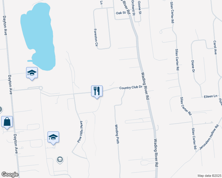 map of restaurants, bars, coffee shops, grocery stores, and more near 2 Woods Circle in Manorville